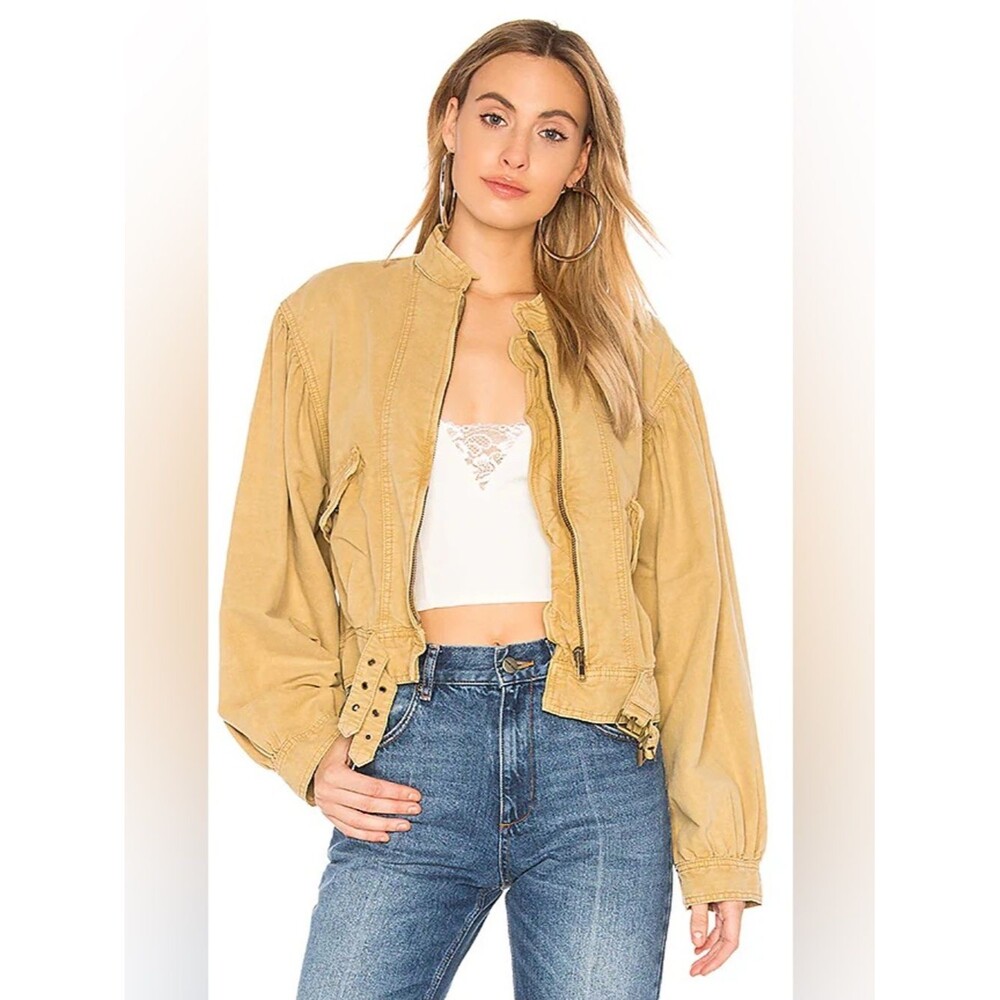 Free People Mustard Utility Jacket Balloon Sleeve Cropped Zip Jacket M